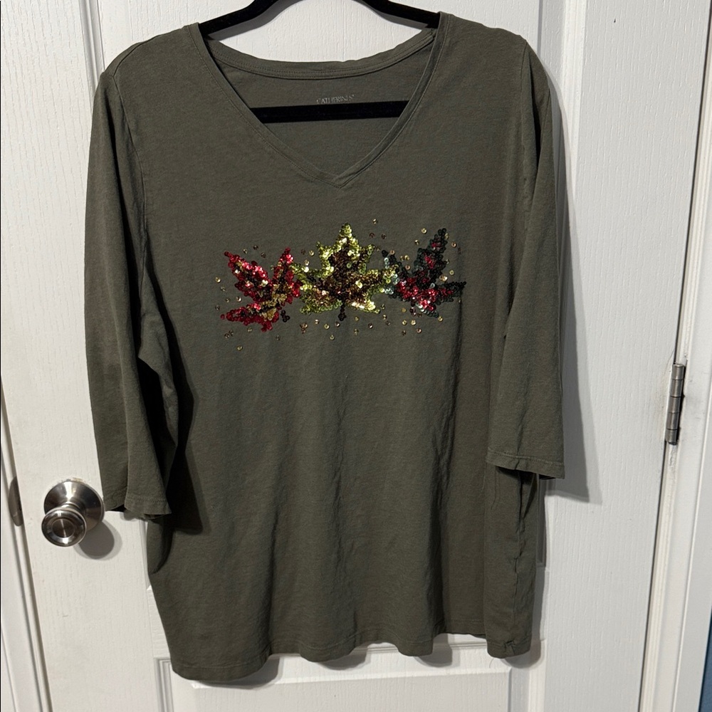 Catherine’s Olive Green Sequin Leaf Women's Top 2x